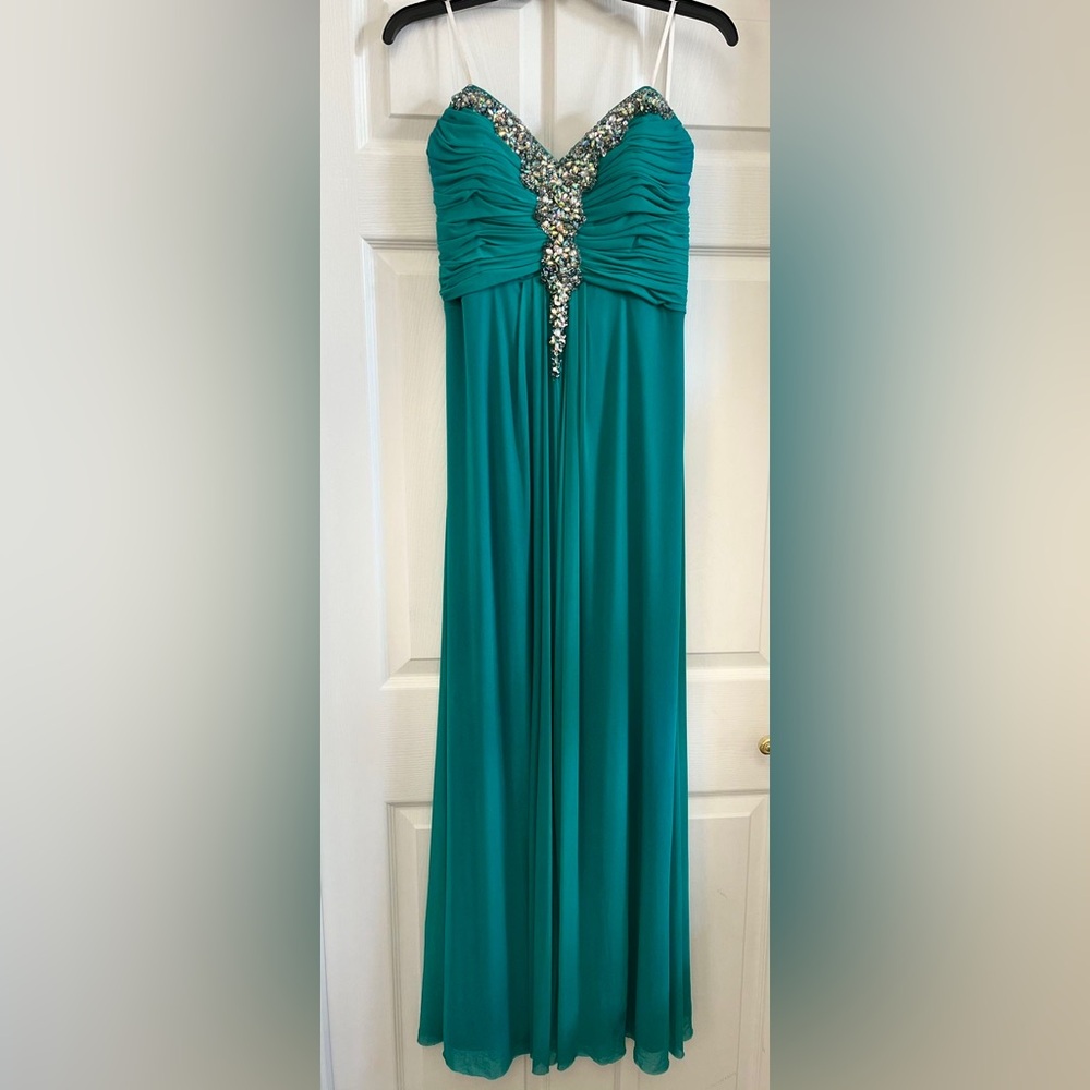 Teal Maxi Prom Dress w/ rhinestone embellishment